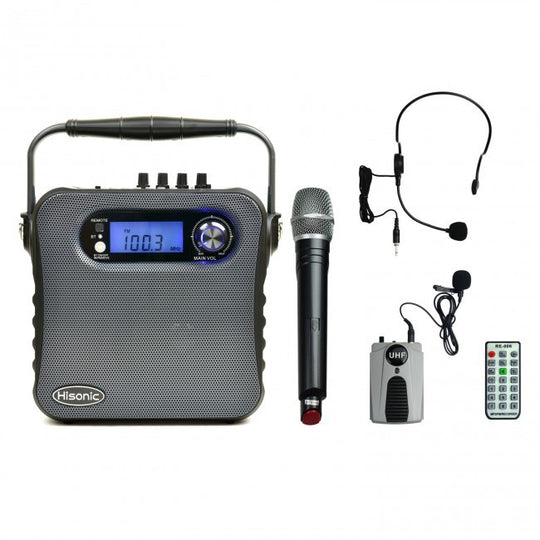 Hisonic UHF Dual Channel Wireless PA System-Bluetooth, MP3 Player, FM Radio, Voice Recorder, 2 Handheld Mics