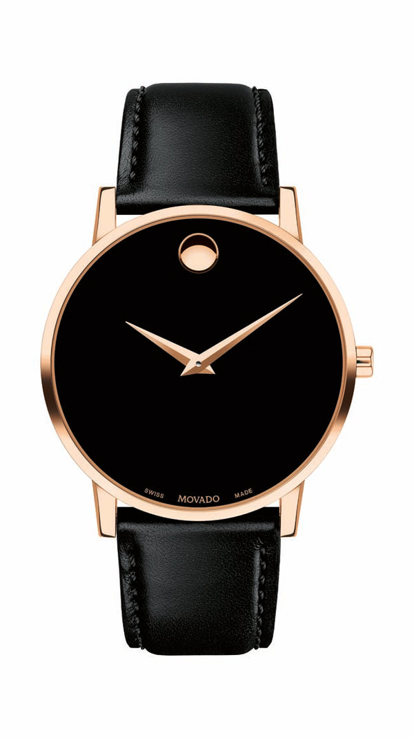 Movado Classic Museum Gents, Rose Gold PVD Case, Black Dial, Black Calfskin Strap