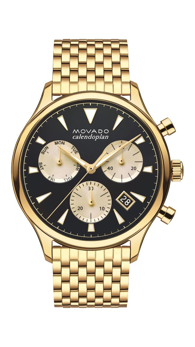 Movado Heritage Mens, Chrono, Yellow Gold IP SS Case, Navy Dial, Yellow Gold IP SS Bracelet