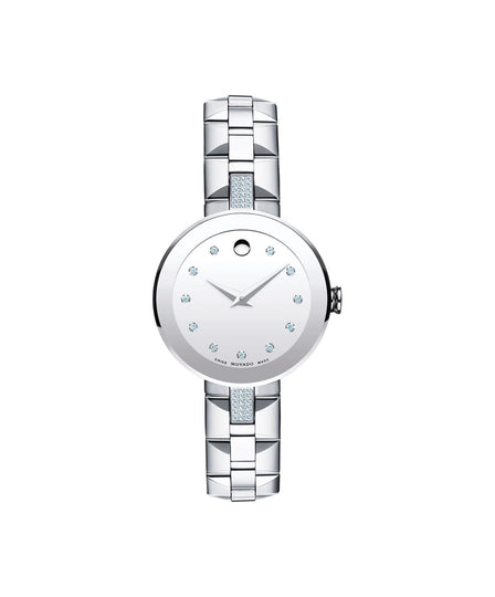 Movado Sapphire Ladies, SS Case w/ 36 North/South Diamonds, Silver Mirror Dial w/ 11 Diamond Markers