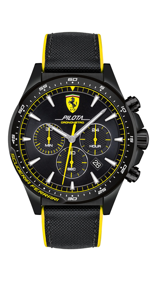 Scuderia Ferrari Pilota Gents, Black IP Case, Black Dial, Black Nylon Strap with Yellow Details