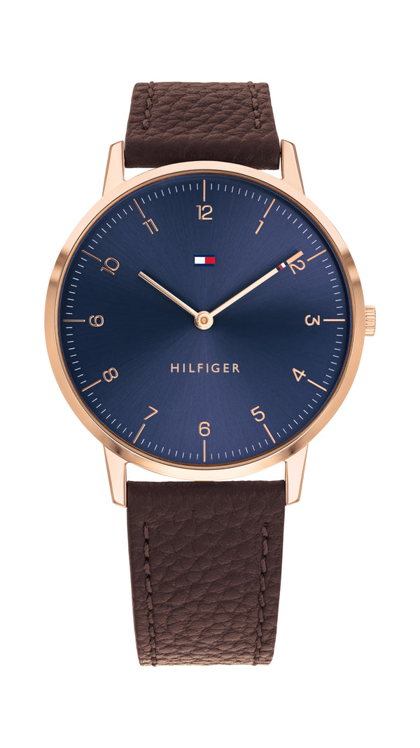 Tommy Hilfiger Gents, Carnation Gold Case, Brown Leather Strap, Navy Sunray Dial