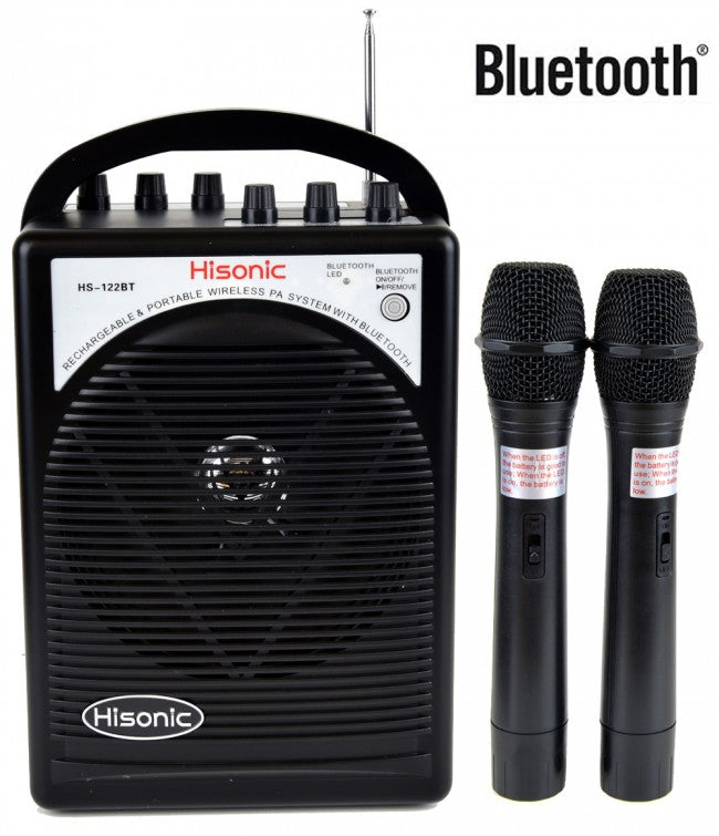 Hisonic Portable PA System-2-Channel Wireless Mics, Rechargeable, Bluetooth Streaming, 2 Belt Pack Mic Sets