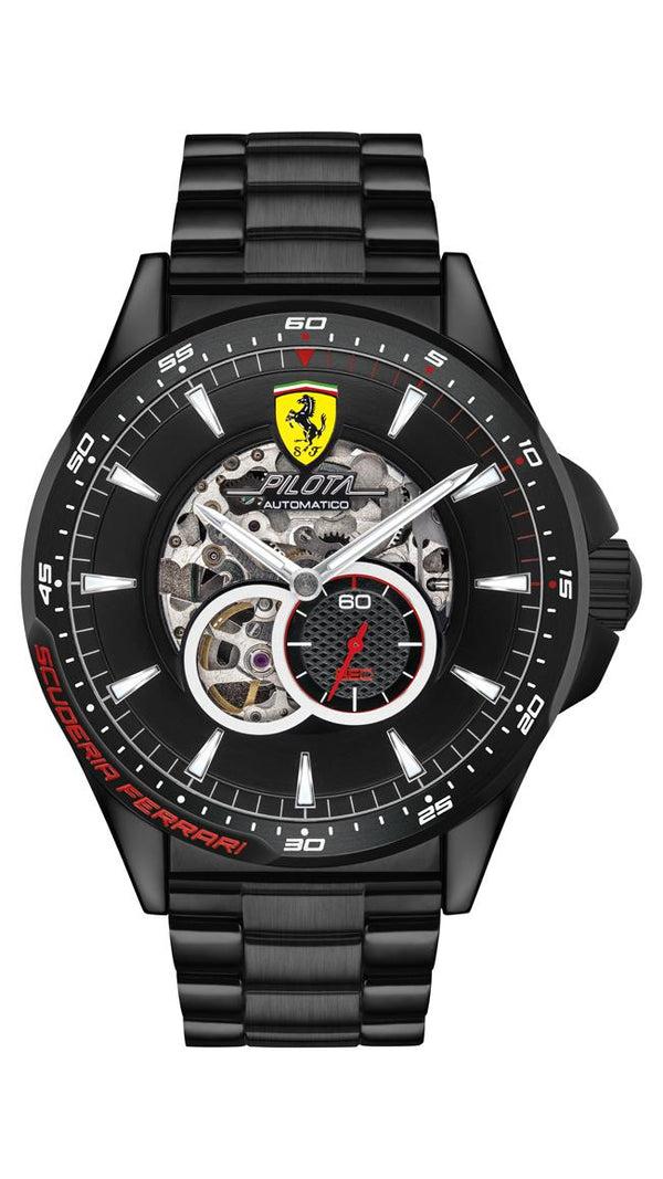 Scuderia Ferrari Pilota Gents, Black IP Case, Skeleton Dial, Black IP Bracelet