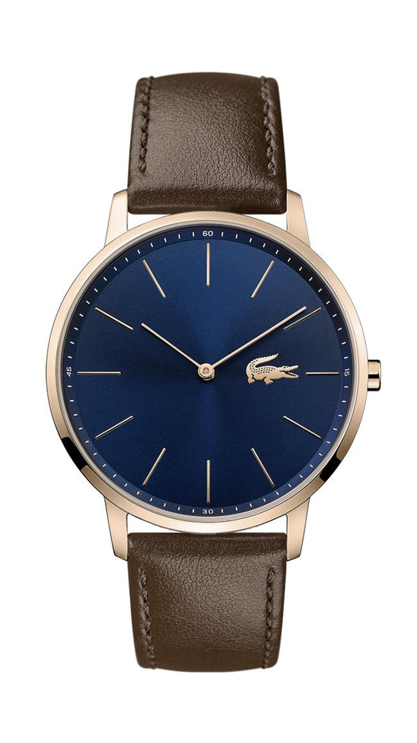 Lacoste Moon Gents Watch, Rose Gold Plated Case, Blue Dial, Brown Leather Strap