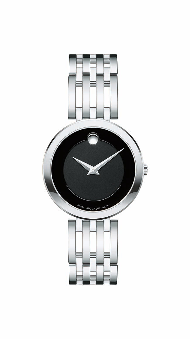 Movado Esperanza Ladies, Stainless Steel Open Link Bracelet w/ Black Dial