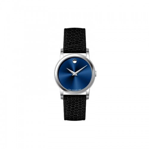 Movado Classic Museum Ladies, Stainless Steel Case, Blue Dial & Black Leather Strap