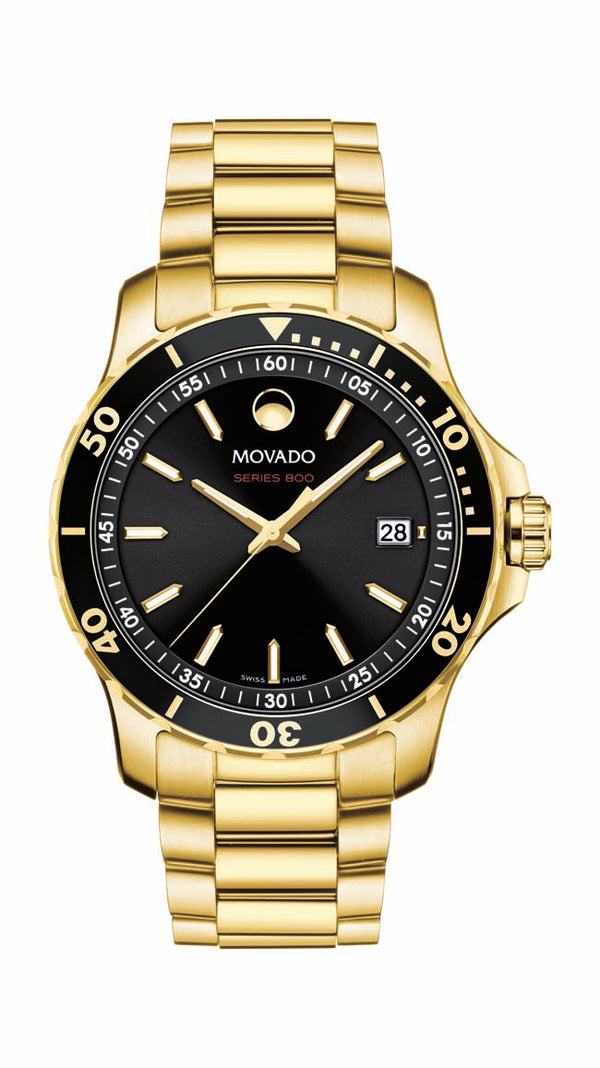 Movado Series 800 Chrono Gents, Yellow Gold PVD Case & Bracelet, Black Dial