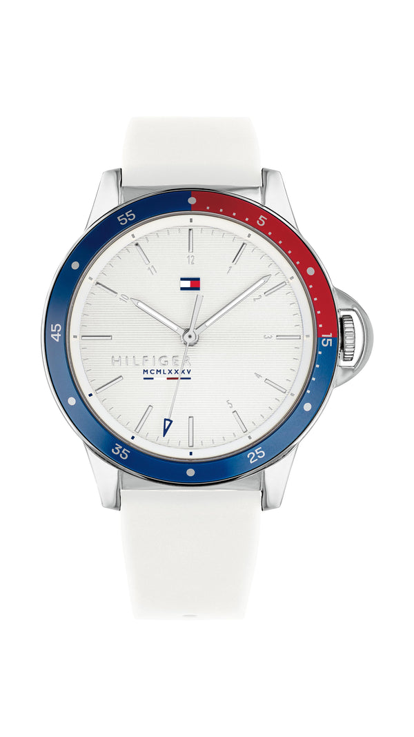 Tommy Hilfiger Ladies, SS Case w/Blue & Red Aluminum, White Silicone Strap, White Dial