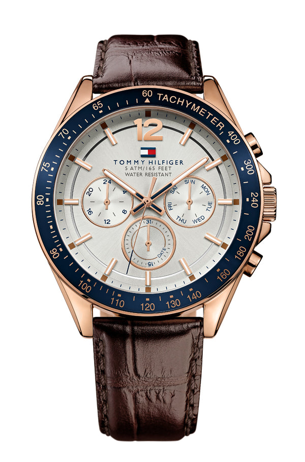 Tommy Hilfiger Gents, IP Rose Gold Case, Brown Leather Strap, Silver/White Chronograph Dial