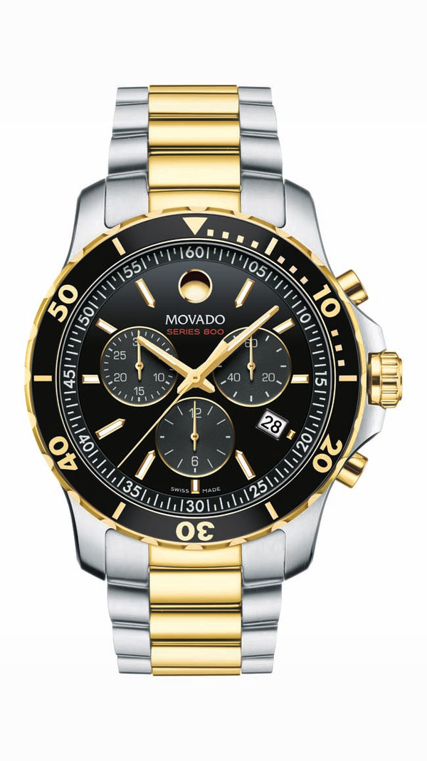 Movado Series 800 Chrono Gents, Stainless Steel Yellow Gold PVD Case & Bracelet, Black Dial