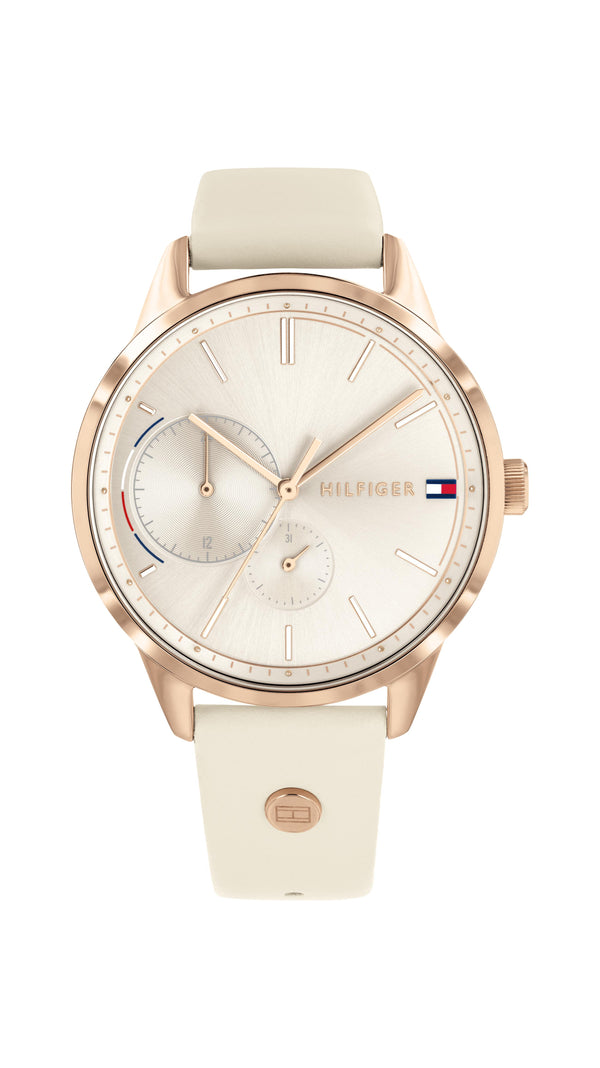 Tommy Hilfiger Ladies, Carnation Gold Plated Case, Beige Sunray Dial, Beige Leather Strap