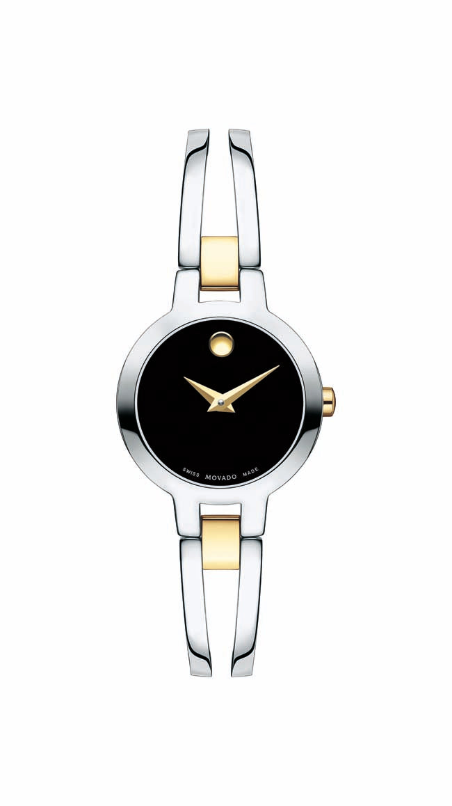 Movado Amorosa Ladies,  Two-tone SS/YG Case & Bracelet w/ Black Dial