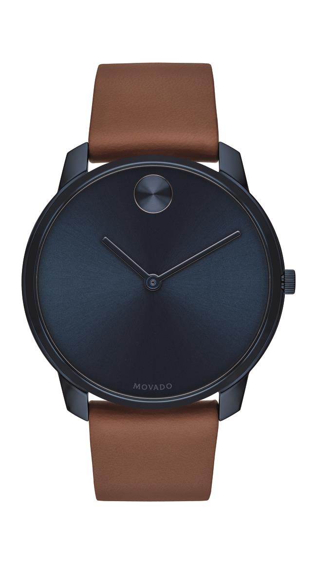 Movado Bold Gents, Blue Ion-Plated SS Case, Blue-Toned Dial, Brown Leather Strap