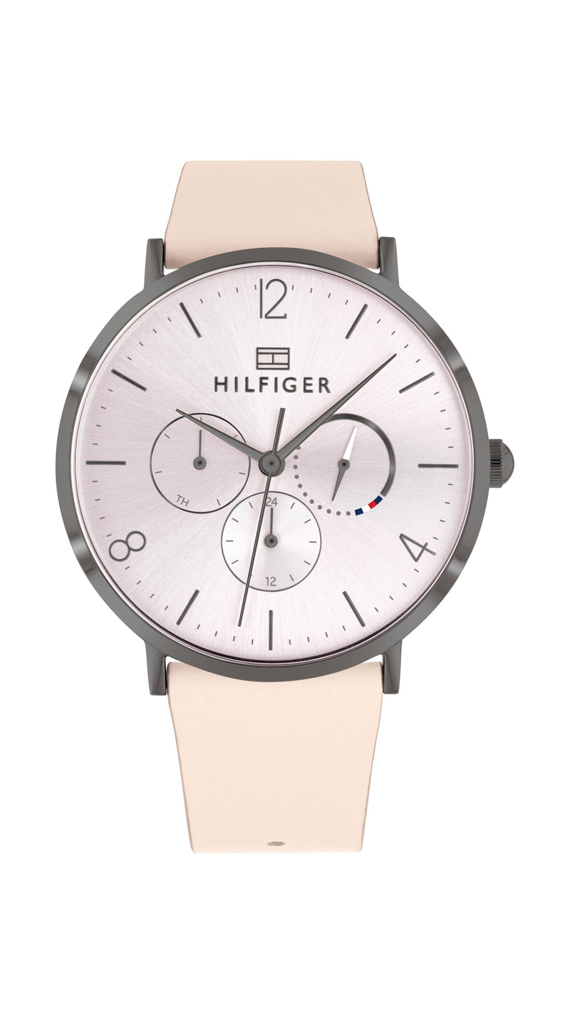 Tommy Hilfiger Ladies, Grey IP Case, Pink Sunray Dial, Pink Leather Strap w/Pale Pink Edge Paint