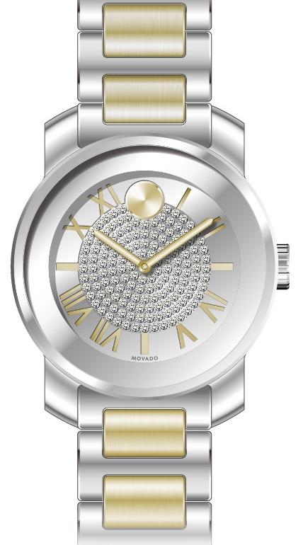 Movado Bold Ladies, Silver-toned Dial with Pave Crystal Center, Two-Toned Case & Bracelet