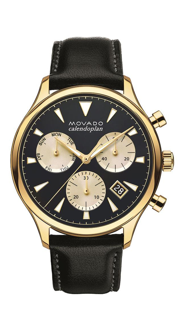 Movado Heritage Mens, Chrono, Yellow Gold Ion-Plated SS Case, Navy Dial, Black Leather Strap