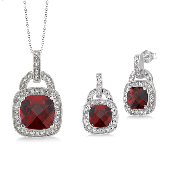 Garnet & Diamond Earrings and Necklace Set