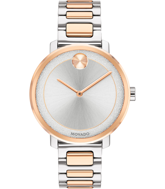 Movado Bold Ladies, Stainless Steel/Rose Gold Case & Bracelet, Silver-Toned Dial