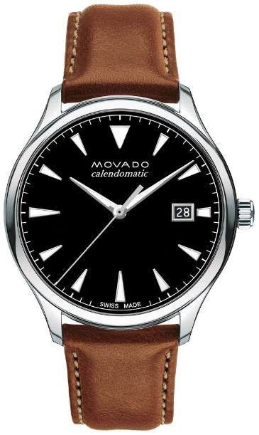 Movado Heritage Gents, Stainless Steel Case, Cognac Leather Strap, Black Lacquer Dial
