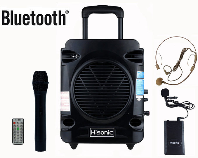 Hisonic Rechargeable Portable PA System-VHF Wireless Mics, BT, Music Player/Recorder, FM Radio, Remote