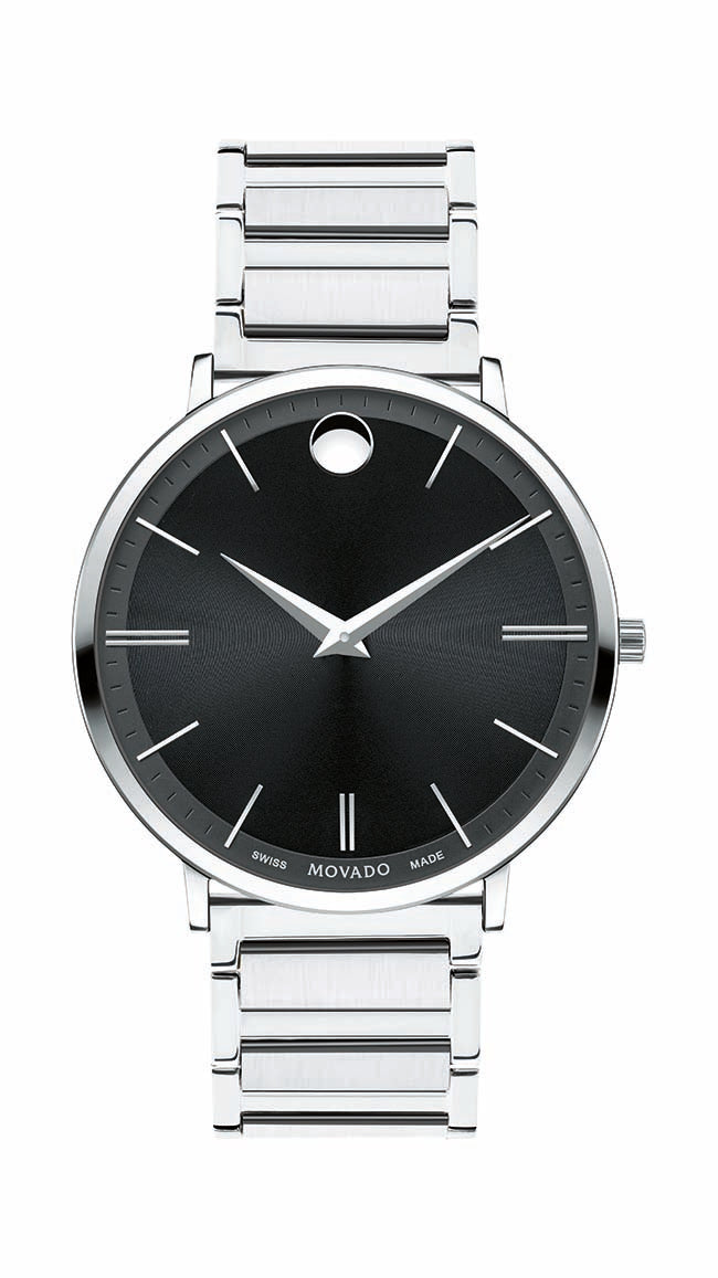 Movado Ultra Slim Gents, Stainless Steel Case & Bracelet, Black Dial