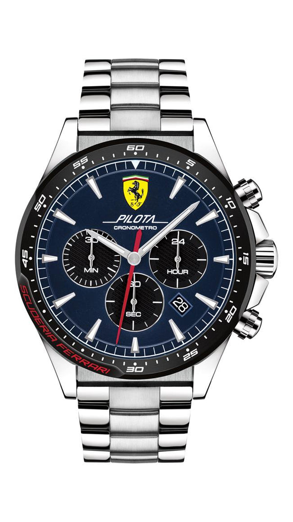 Scuderia Ferrari Pilota Gents, SS Case, Black IP Bezel, Blue Dial, Stainless Steel Bracelet