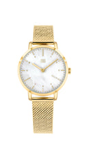 Tommy Hilfiger Ladies, Gold Plated Case, Gold Plated Mesh Bracelet, White MOP Dial