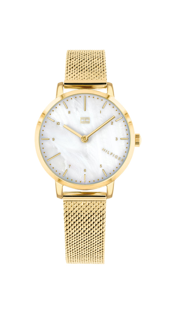 Tommy Hilfiger Ladies, Gold Plated Case, Gold Plated Mesh Bracelet, White MOP Dial