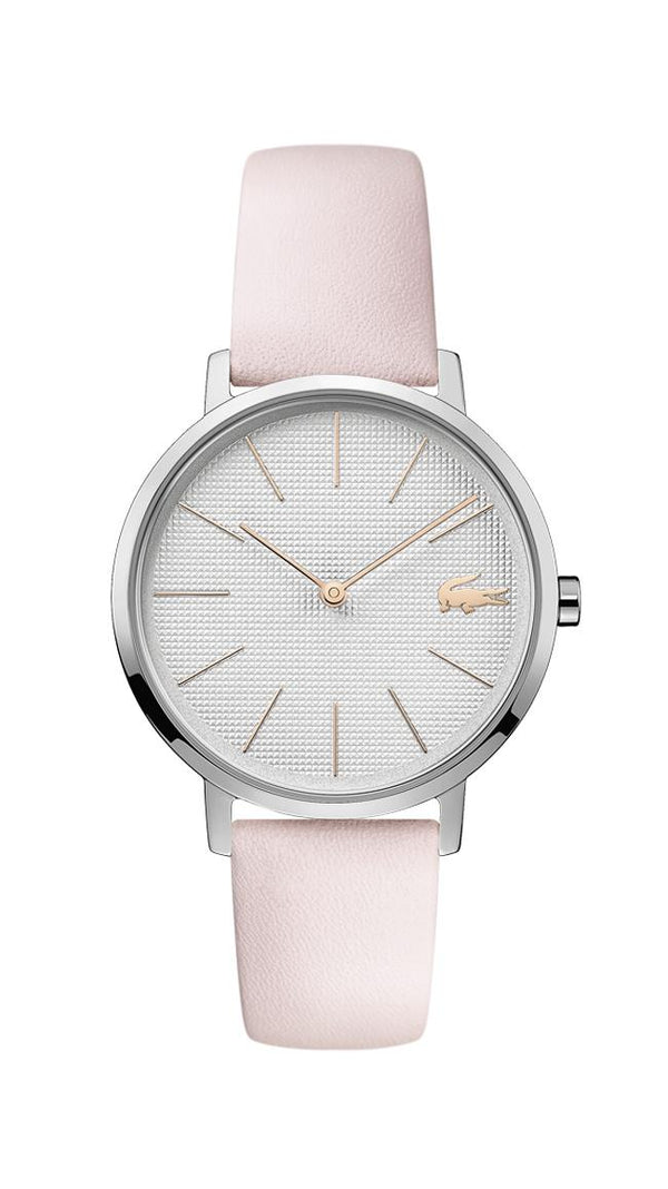 Lacoste Moon Ladies Watch, Stainless Steel Case, Silver-White Dial, Pink Leather Strap
