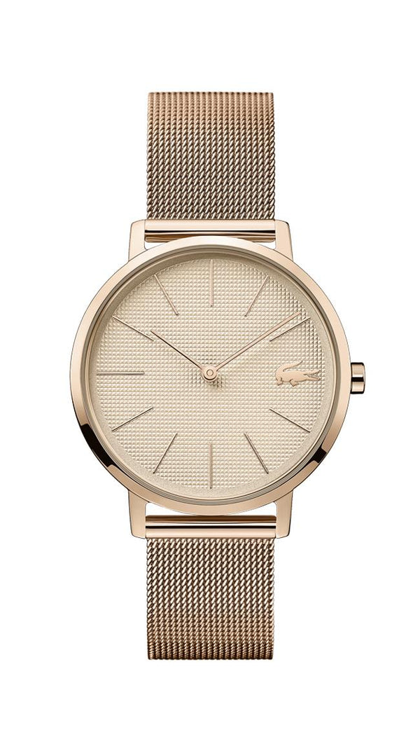 Lacoste Moon Ladies Watch, Rose Gold Plated Case, Rose Gold Dial, Rose Gold Plated Mesh Bracelet
