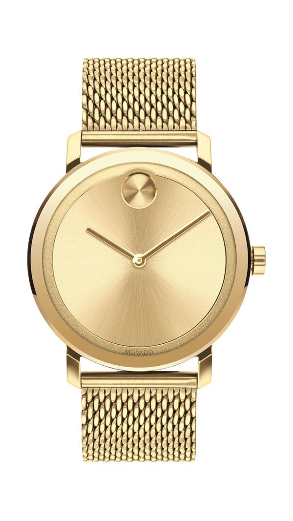 Movado Bold Gents, Pale Yellow Gold Plated SS Case & Mesh Bracelet, Gold Sunray Dial