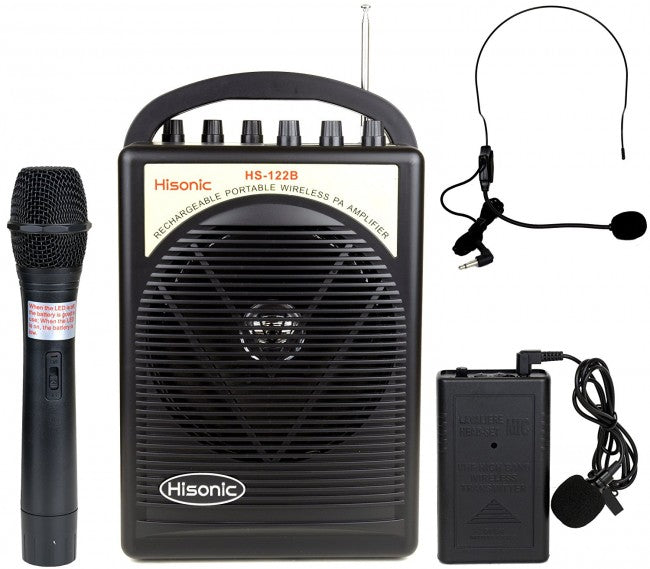 Hisonic 40 Watts Rechargeable Portable PA System with Built-in Dual Channel, Wireless, Headset & Lapel Mics