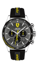 Scuderia Ferrari Pilota Gents, Black IP Bezel, Grey Dial, Black Silicone Strap with Yellow Detail