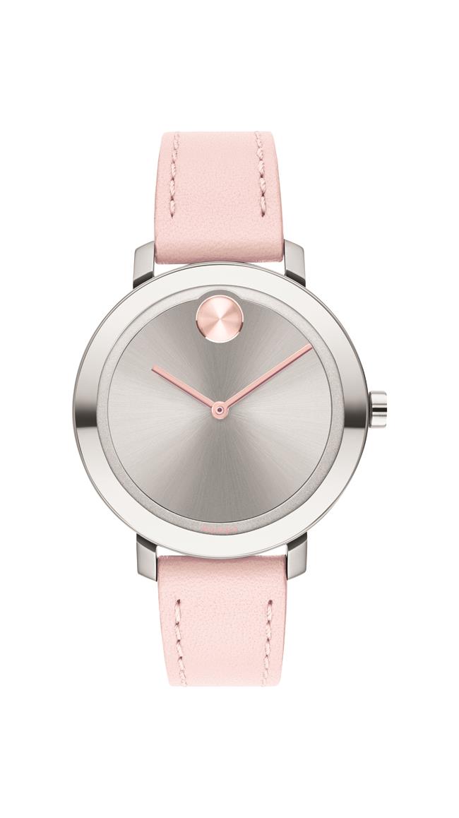 Movado BOLD Ladies, SS Case with a Blush Leather Strap and a Silver-Toned Dial