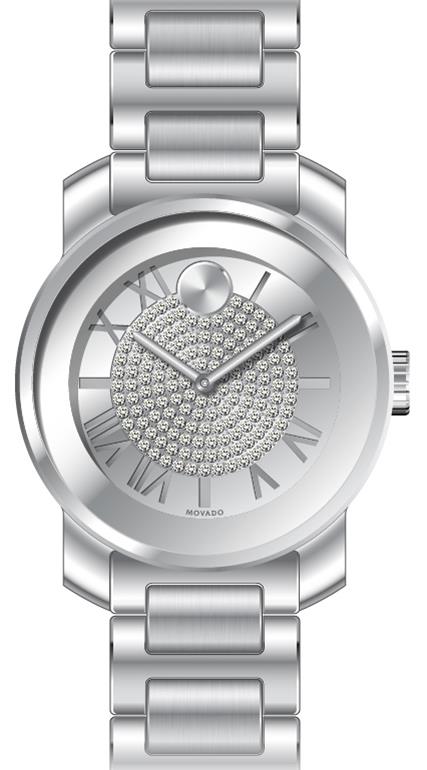 Movado Bold Ladies, Silver-toned Dial with Pave Crystal Center, Stainless Steel Case