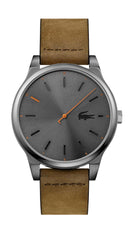 Lacoste Kyoto Mens, 1 Hand, Grey IP Case and Dial, Brown Leather Strap