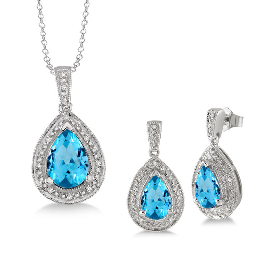 Blue Topaz & Diamond Earring and Necklace Set