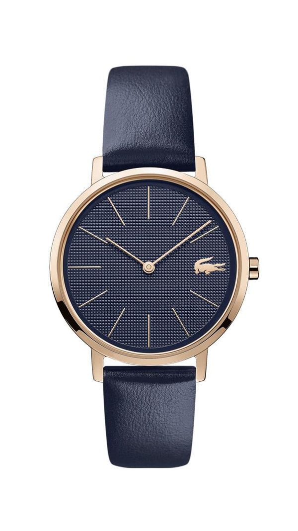 Lacoste Moon, Ladies Rose Gold Plate Case, Blue Dial, Navy Leather Strap