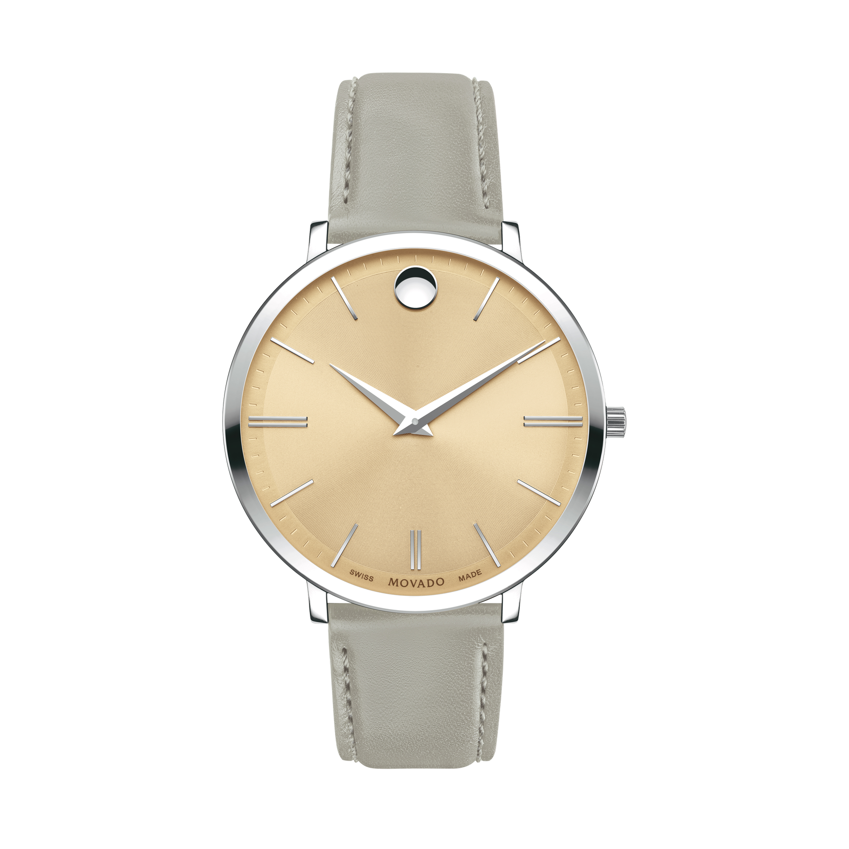 Movado Ultra Slim Ladies, Pale Yellow Case, Beige dial, Grey Leather Strap
