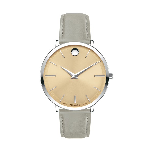 Movado Ultra Slim Ladies, Pale Yellow Case, Beige dial, Grey Leather Strap