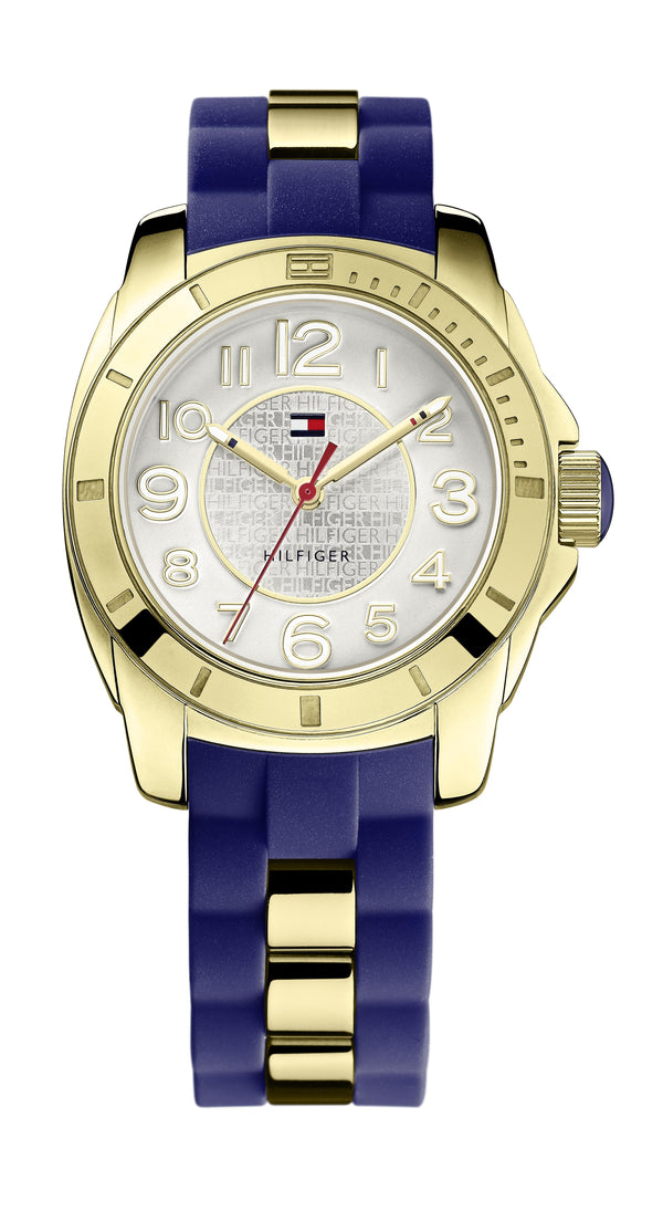 Tommy Hilfiger Ladies, IP Gold Plated Case, Blue Silicon Strap, Silver/White Dial