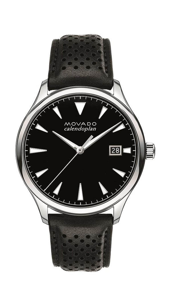 Movado Heritage Mens, Stainless Steel Case, Black Dial, Black Leather Strap