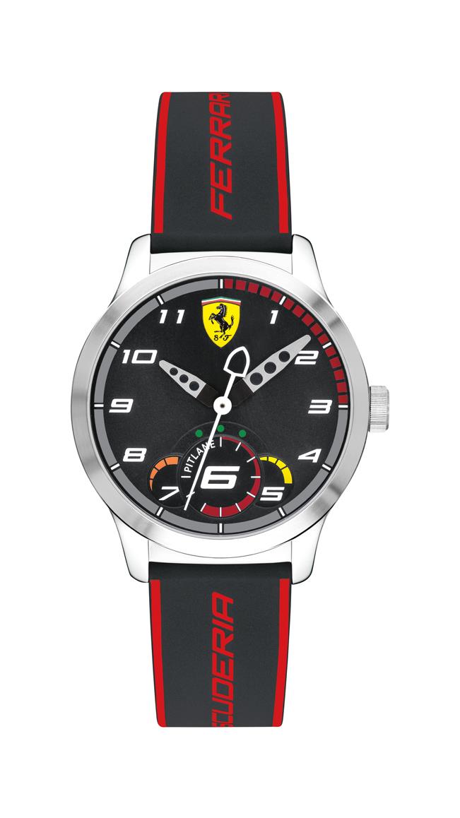 Scuderia Ferrari Pitlane Kids, SS Case, Black Dial, Black Silicone Strap with Red Details