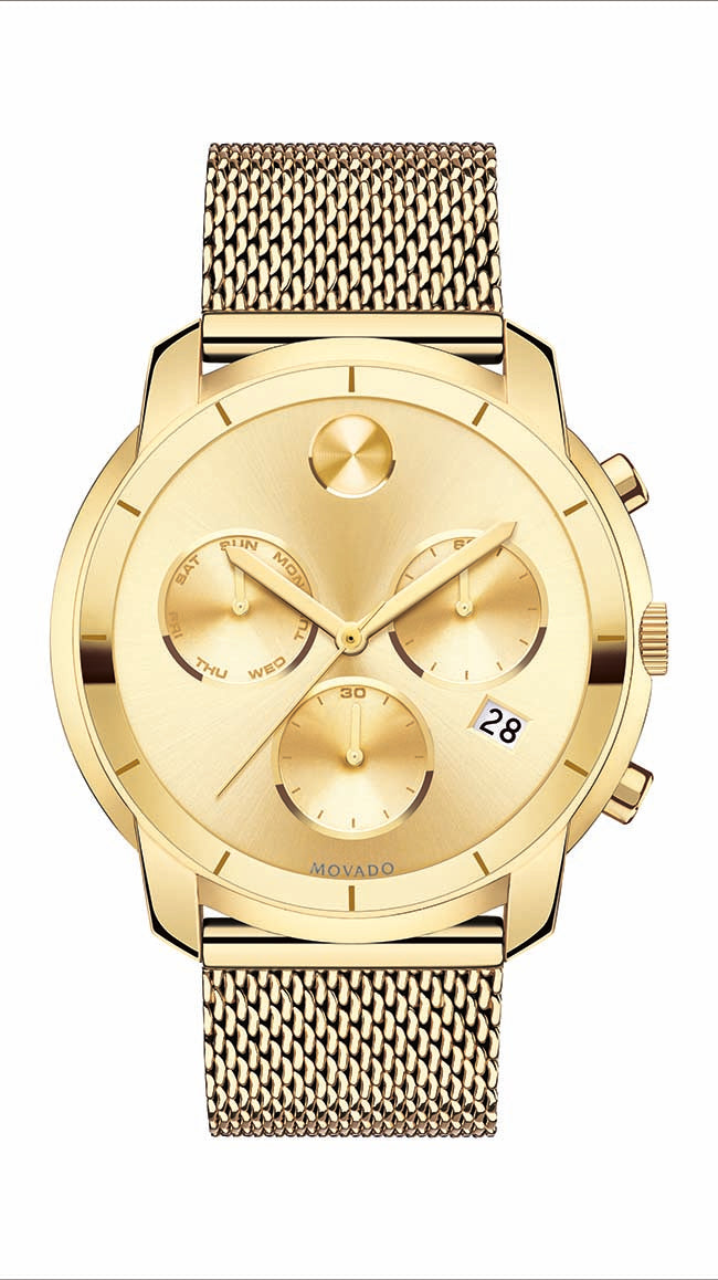 Movado Bold Gents, Gold Plated Steel Case, Ionic Gold Plated Steel Mesh Bracelet, Gold Chrono Dial