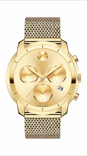 Movado Bold Gents, Gold Plated Steel Case, Ionic Gold Plated Steel Mesh Bracelet, Gold Chrono Dial