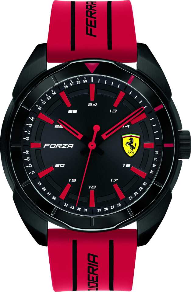 Scuderia Ferrari Forza Gents, Brushed Black IP Case, Black Dial, Red Silicone Strap