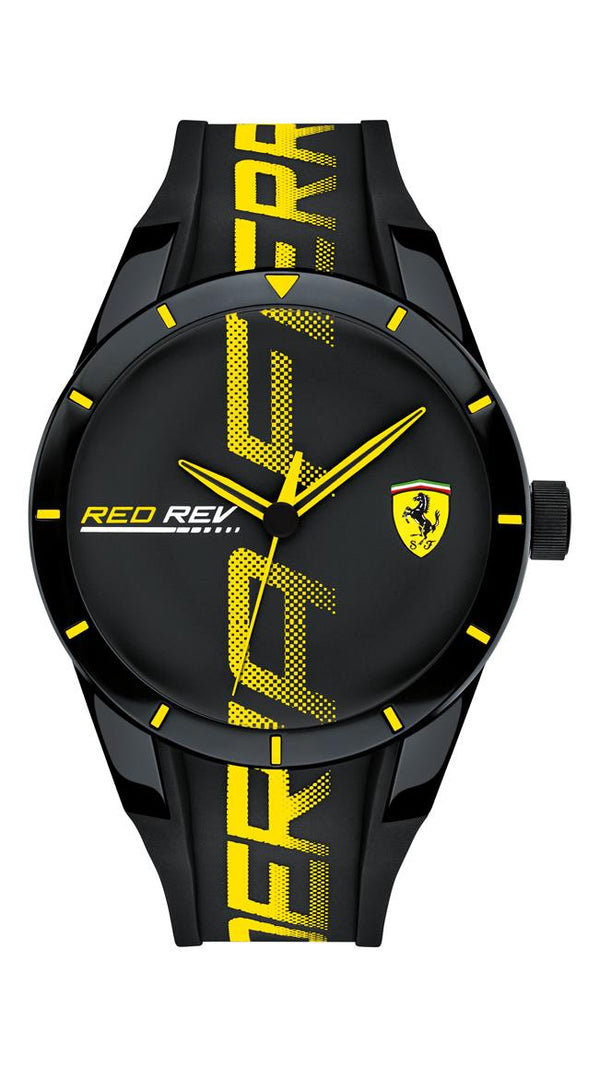 Scuderia Ferrari Red Rev Gents, Black TR90 Case, Black Dial, Black Silicone Strap with Yellow Details