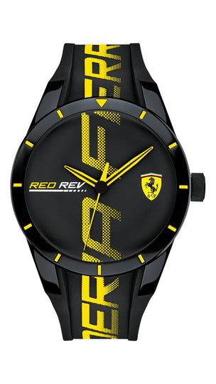 Scuderia Ferrari Red Rev Gents, Black TR90 Case, Black Dial, Black Silicone Strap with Yellow Details