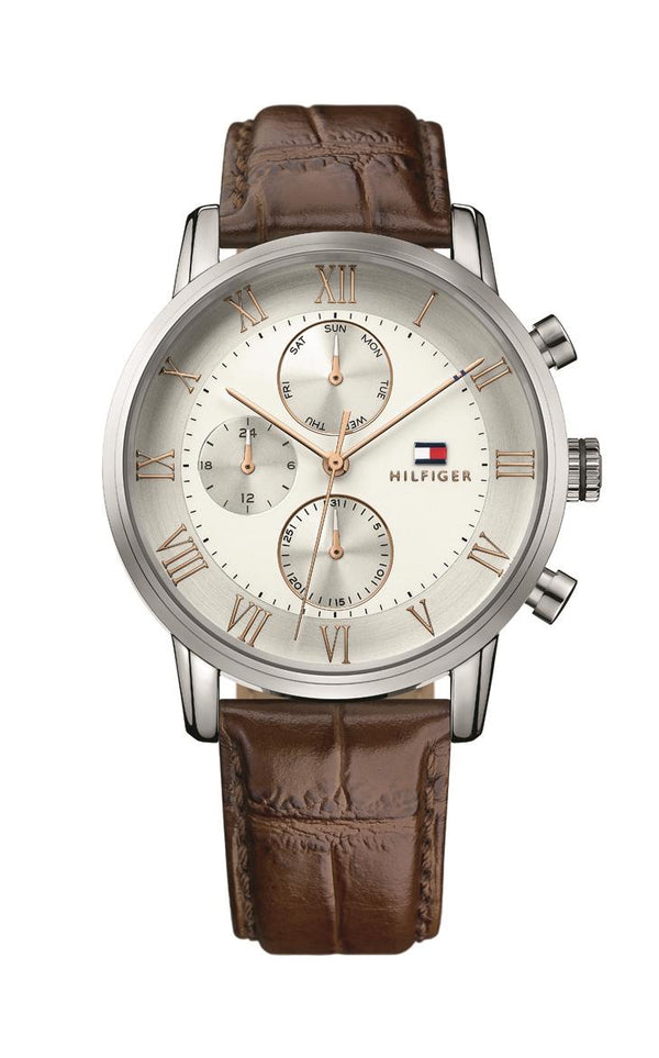 Tommy Hilfiger Gents, Stainless Steel Case, Brown Leather Strap, Silver/White Dial
